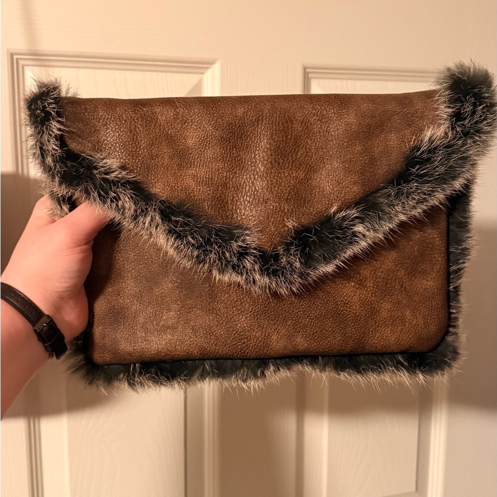 Brown Faux Fur Trim Clutch